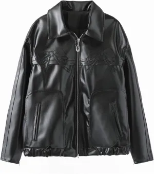 PU Pink Leather Jacket Zipper Polo-Neck Fashion Women Sweet Coat Spring Vintage Street Bomber Motorcycle Jacket(Black bow,Large)