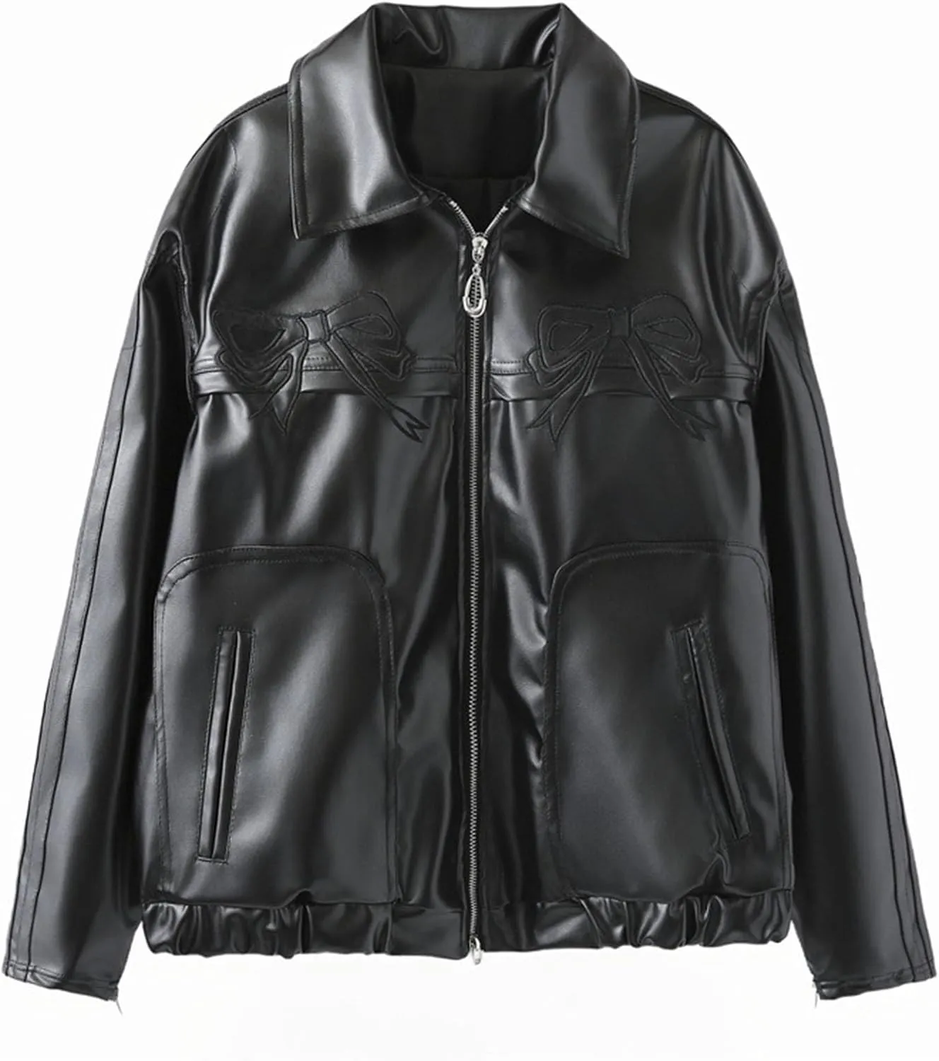 PU Pink Leather Jacket Zipper Polo-Neck Fashion Women Sweet Coat Spring Vintage Street Bomber Motorcycle Jacket(Black bow,Large)