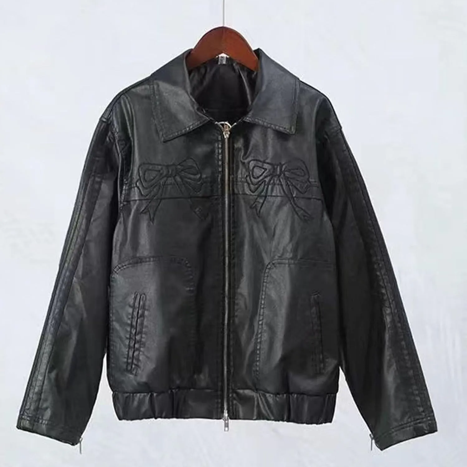 PU Pink Leather Jacket Zipper Polo-Neck Fashion Women Sweet Coat Spring Vintage Street Bomber Motorcycle Jacket(Black bow,Large)