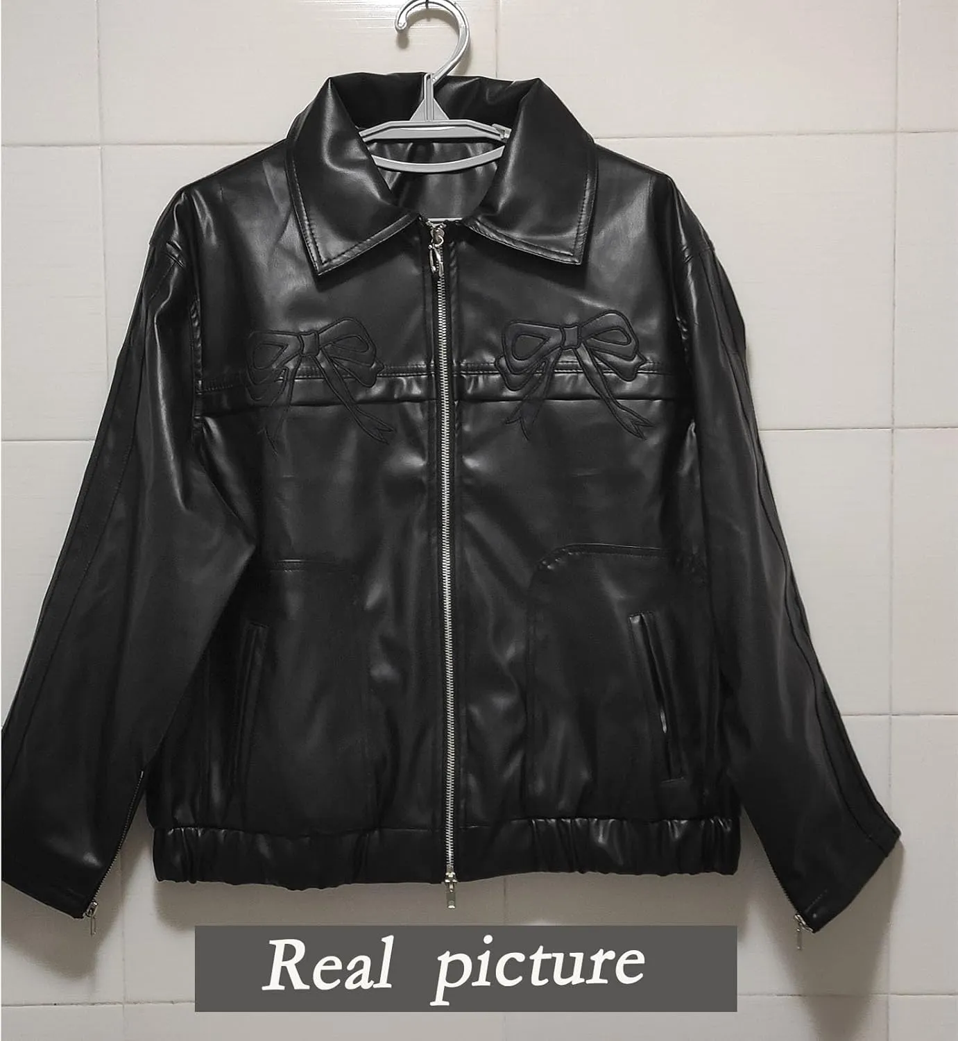 PU Pink Leather Jacket Zipper Polo-Neck Fashion Women Sweet Coat Spring Vintage Street Bomber Motorcycle Jacket(Black bow,Large)