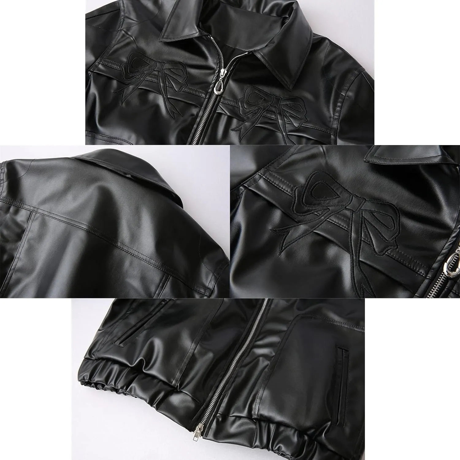 PU Pink Leather Jacket Zipper Polo-Neck Fashion Women Sweet Coat Spring Vintage Street Bomber Motorcycle Jacket(Black bow,Large)