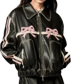 PU Pink Leather Jacket Zipper Polo-Neck Fashion Women Sweet Coat Spring Vintage Street Bomber Motorcycle Jacket(Black pink,Large)