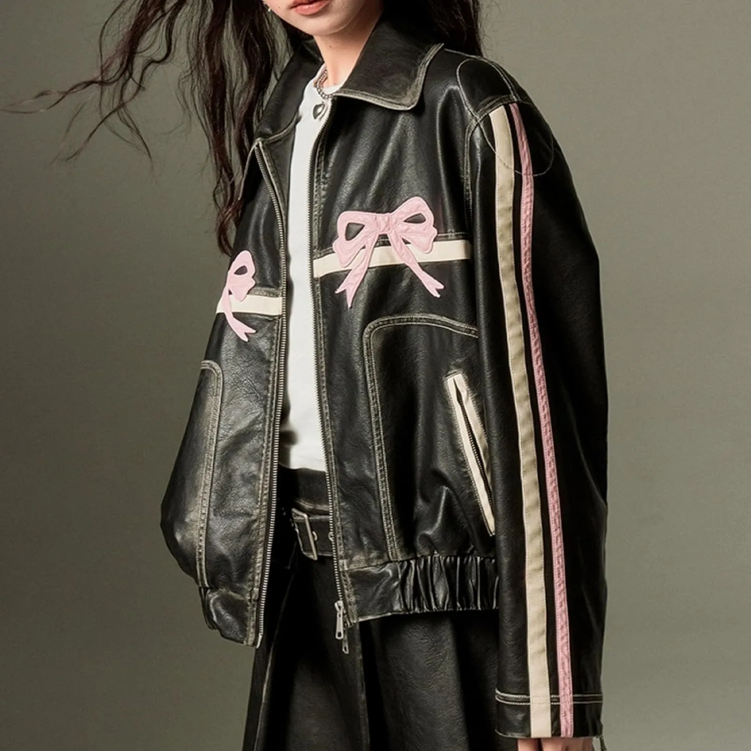 PU Pink Leather Jacket Zipper Polo-Neck Fashion Women Sweet Coat Spring Vintage Street Bomber Motorcycle Jacket(Black pink,Large)