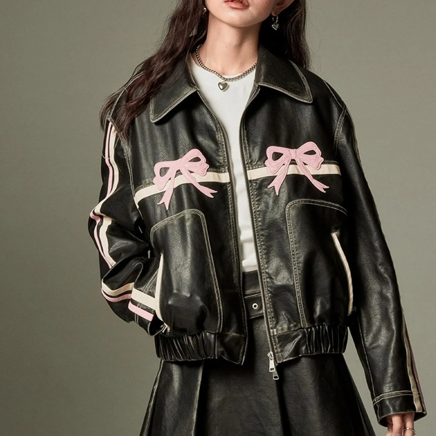PU Pink Leather Jacket Zipper Polo-Neck Fashion Women Sweet Coat Spring Vintage Street Bomber Motorcycle Jacket(Black pink,Large)