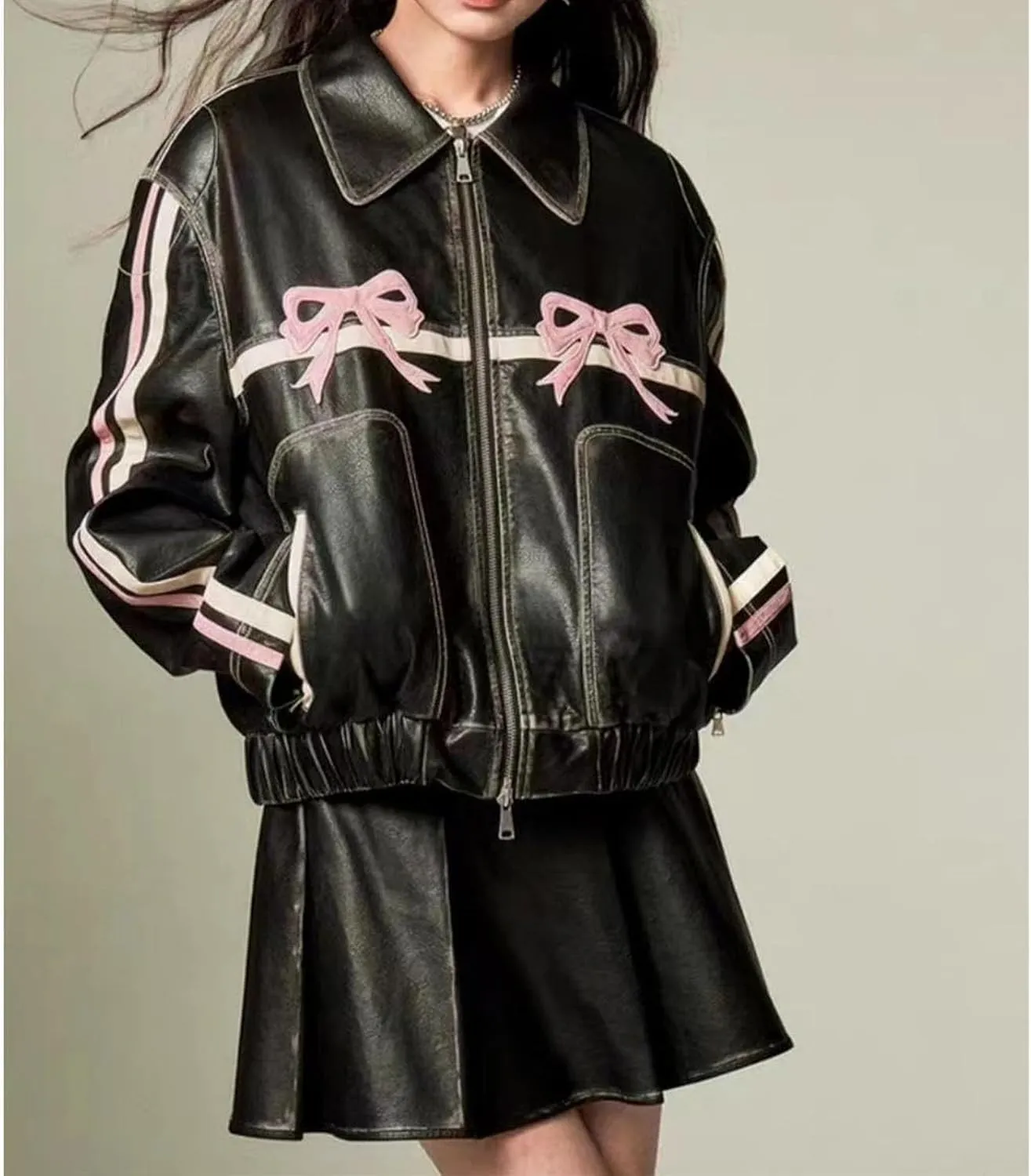 PU Pink Leather Jacket Zipper Polo-Neck Fashion Women Sweet Coat Spring Vintage Street Bomber Motorcycle Jacket(Black pink,Large)