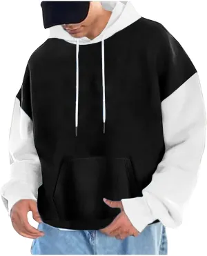 Pullover Casual Color Block Sweatshirts For Men Midweight Loose Drawstring Hooded Sweatshirt With Pocket