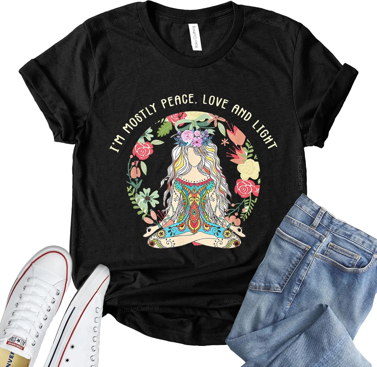 ROKO CLOTHING Im Mostly Peace Love and Light Shirt Short Sleeve Graphic Peace Shirts for Women, Men