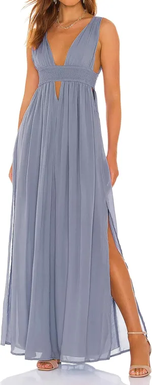 R.Vivimos Boho Dress for Women Sexy Deep V Neck Sleeveless Hollow Out Backless Casual Side Slit Maxi Dress
