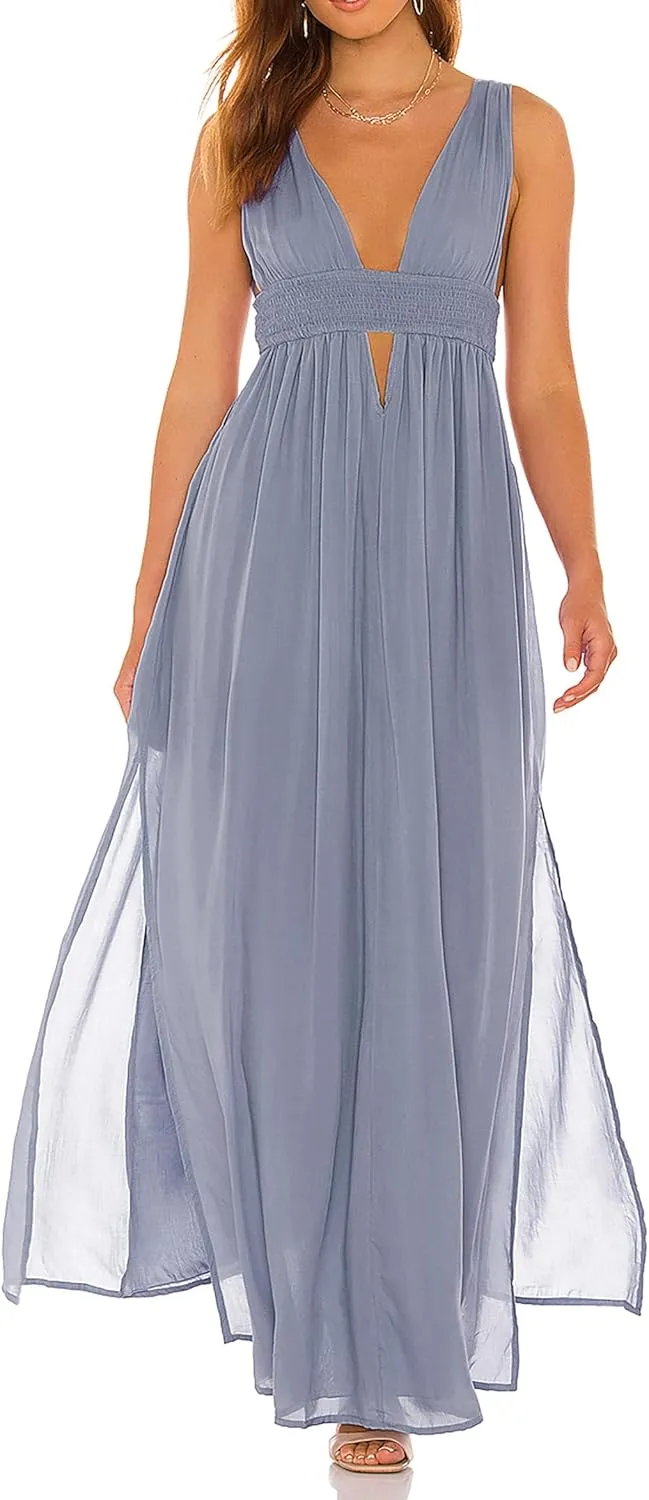 R.Vivimos Boho Dress for Women Sexy Deep V Neck Sleeveless Hollow Out Backless Casual Side Slit Maxi Dress