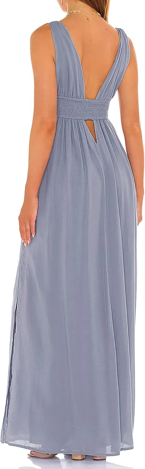 R.Vivimos Boho Dress for Women Sexy Deep V Neck Sleeveless Hollow Out Backless Casual Side Slit Maxi Dress
