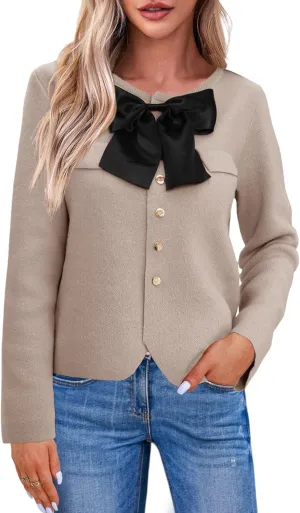 Saodimallsu Womens Button Down Cropped Cardigan Sweaters Cute Bow Long Sleeve Crew Neck Knit Sweater Jacket Coat