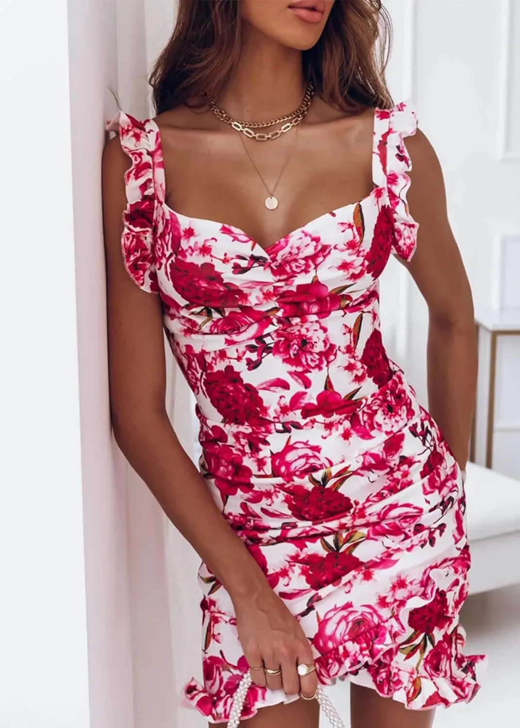 Sexy Bodycon Dresses for Women 2024 Ruffle Summer Sundresses Cocktail Party Sundress Sleeveless Mini Dress