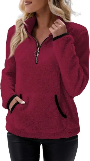 Sherpa Quarter Zip Pullover Women Fleece Lined Half Zip Sweatshirts Winter Warm Sweaters Jacket Coats