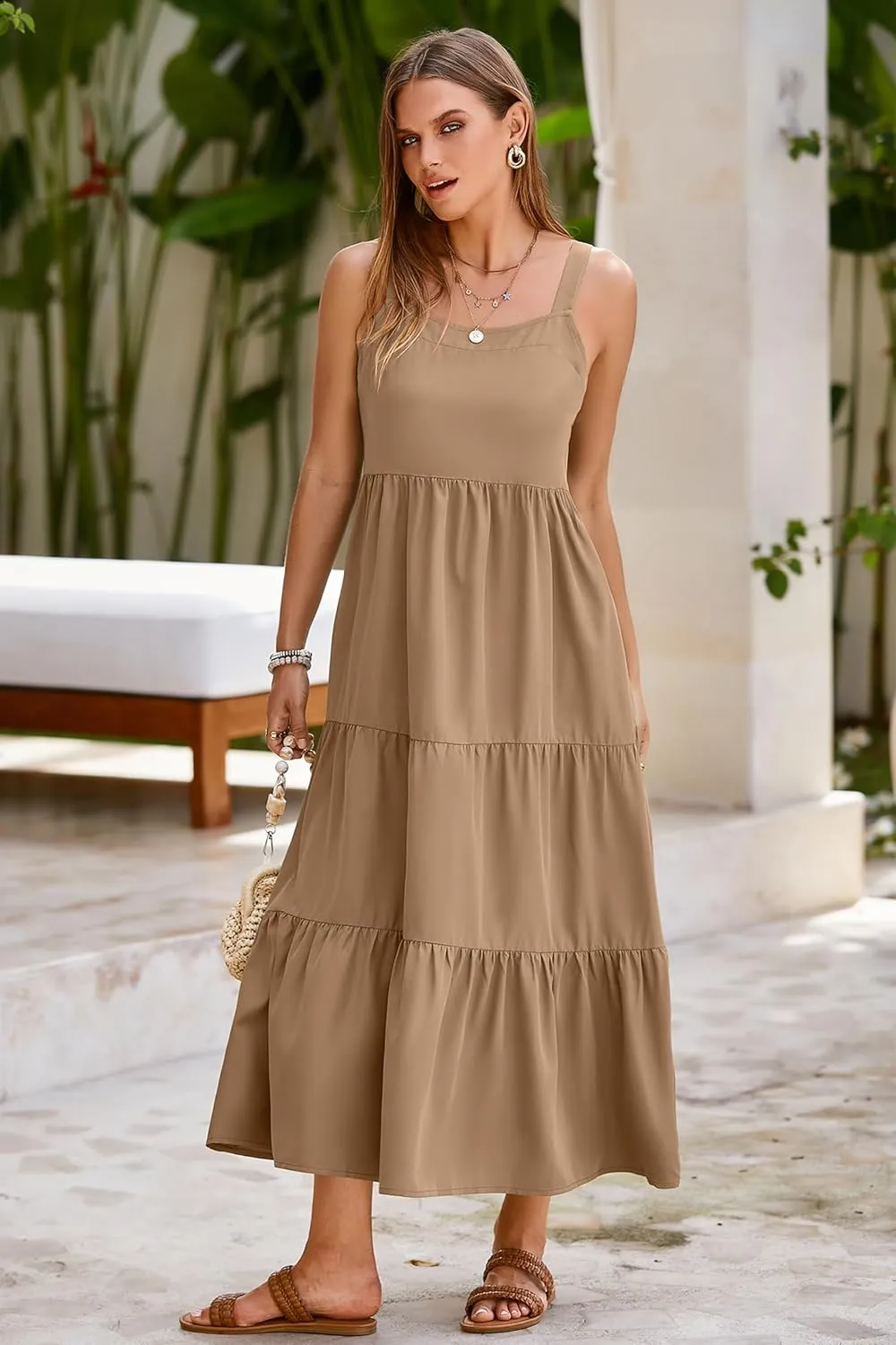SimpleFun Womens Summer Dresses Sleeveless Adjustable Straps Tiered Maxi Dress with Pockets Casual Beach Long Sundresses