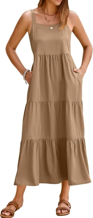 SimpleFun Womens Summer Dresses Sleeveless Adjustable Straps Tiered Maxi Dress with Pockets Casual Beach Long Sundresses
