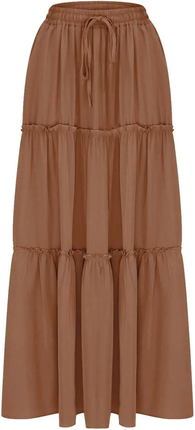 Skirts for Women Maxi Length Summer Skirts Flowy Long Skirt High Waisted Midi Skirt Tiered Beach Skirt with Pockets