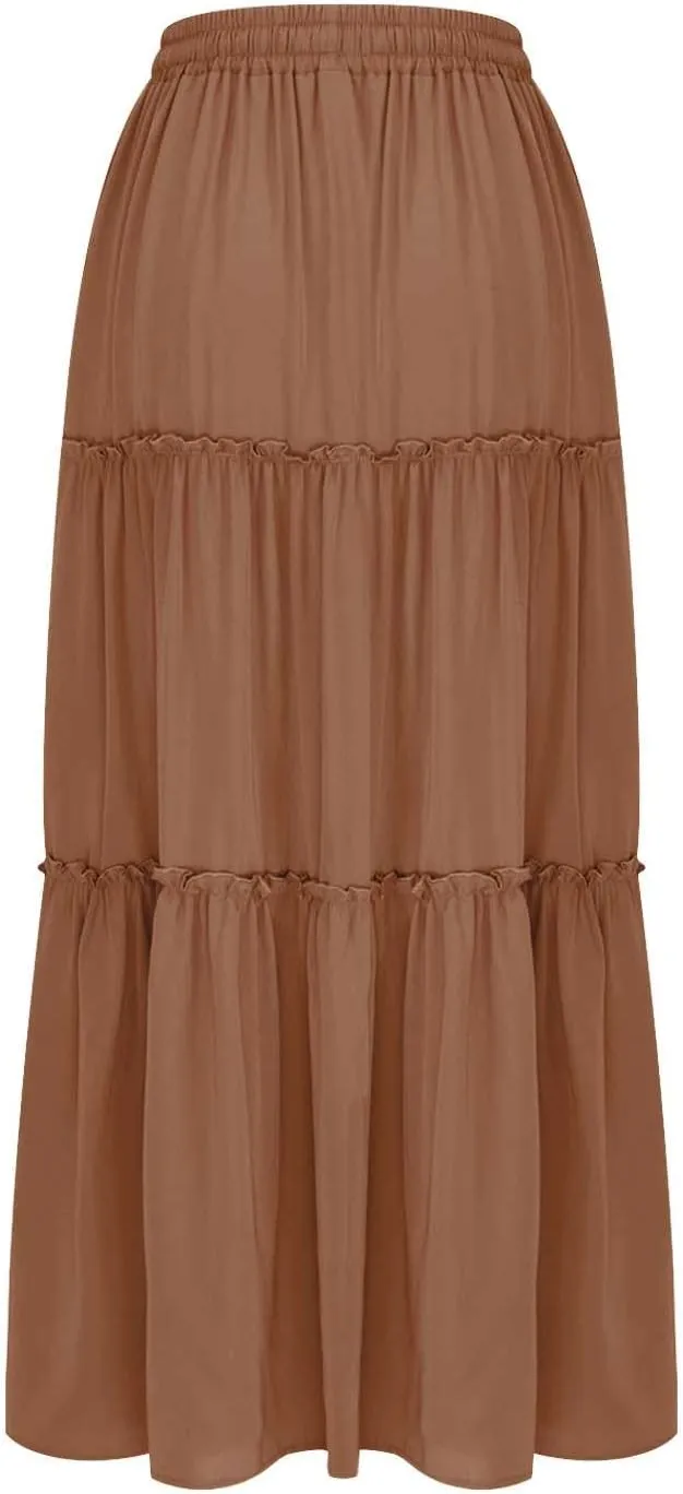 Skirts for Women Maxi Length Summer Skirts Flowy Long Skirt High Waisted Midi Skirt Tiered Beach Skirt with Pockets