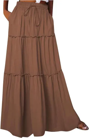 Skirts for Women Maxi Length Summer Skirts Flowy Long Skirt High Waisted Midi Skirt Tiered Beach Skirt with Pockets