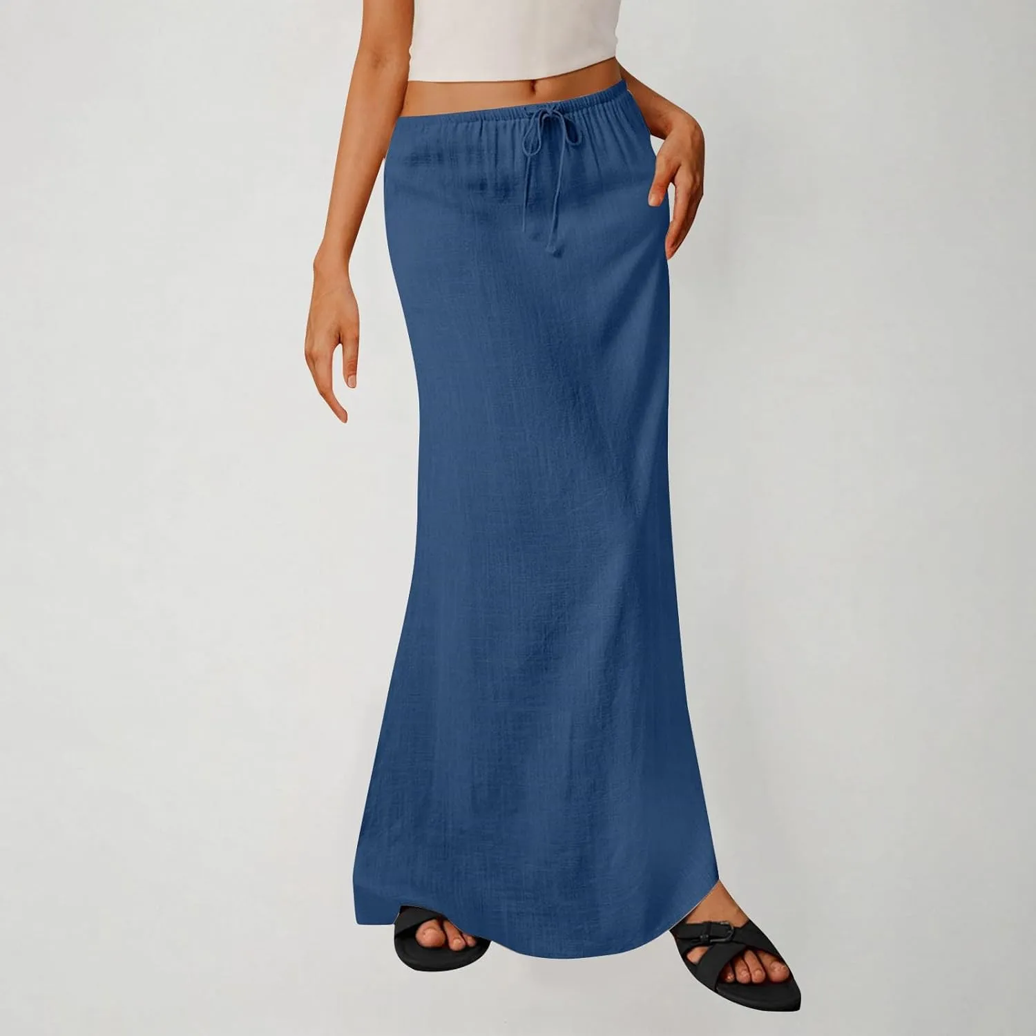 Skirts for Women Trendy Summer Cotton Linen Maxi Skirt Drawstring Low Rise A-Line Beach Mermaid Dress Boho Clothes