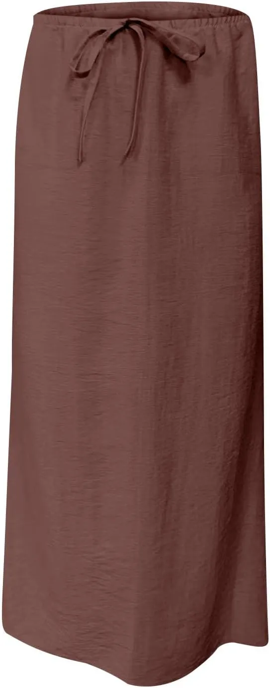 Skirts for Women Trendy Summer Cotton Linen Maxi Skirt Drawstring Low Rise A-Line Beach Mermaid Dress Boho Clothes