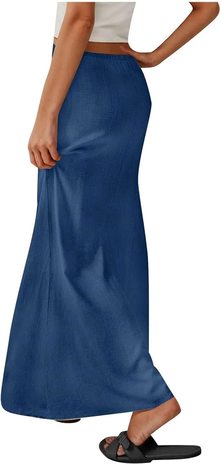Skirts for Women Trendy Summer Cotton Linen Maxi Skirt Drawstring Low Rise A-Line Beach Mermaid Dress Boho Clothes