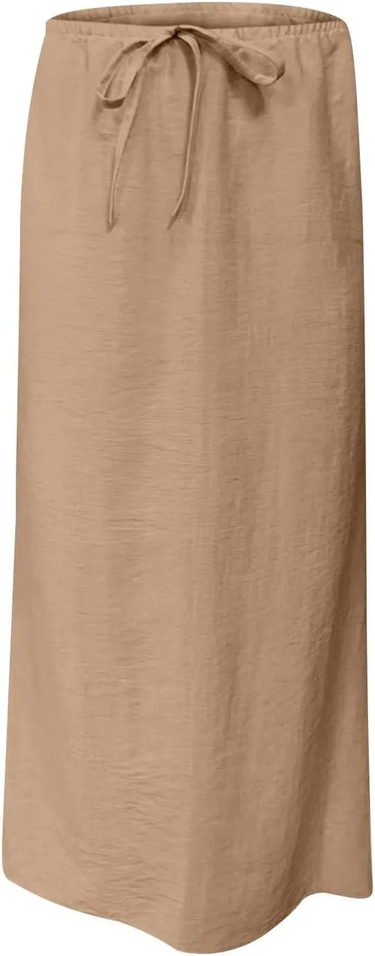 Skirts for Women Trendy Summer Cotton Linen Maxi Skirt Drawstring Low Rise A-Line Beach Mermaid Dress Boho Clothes