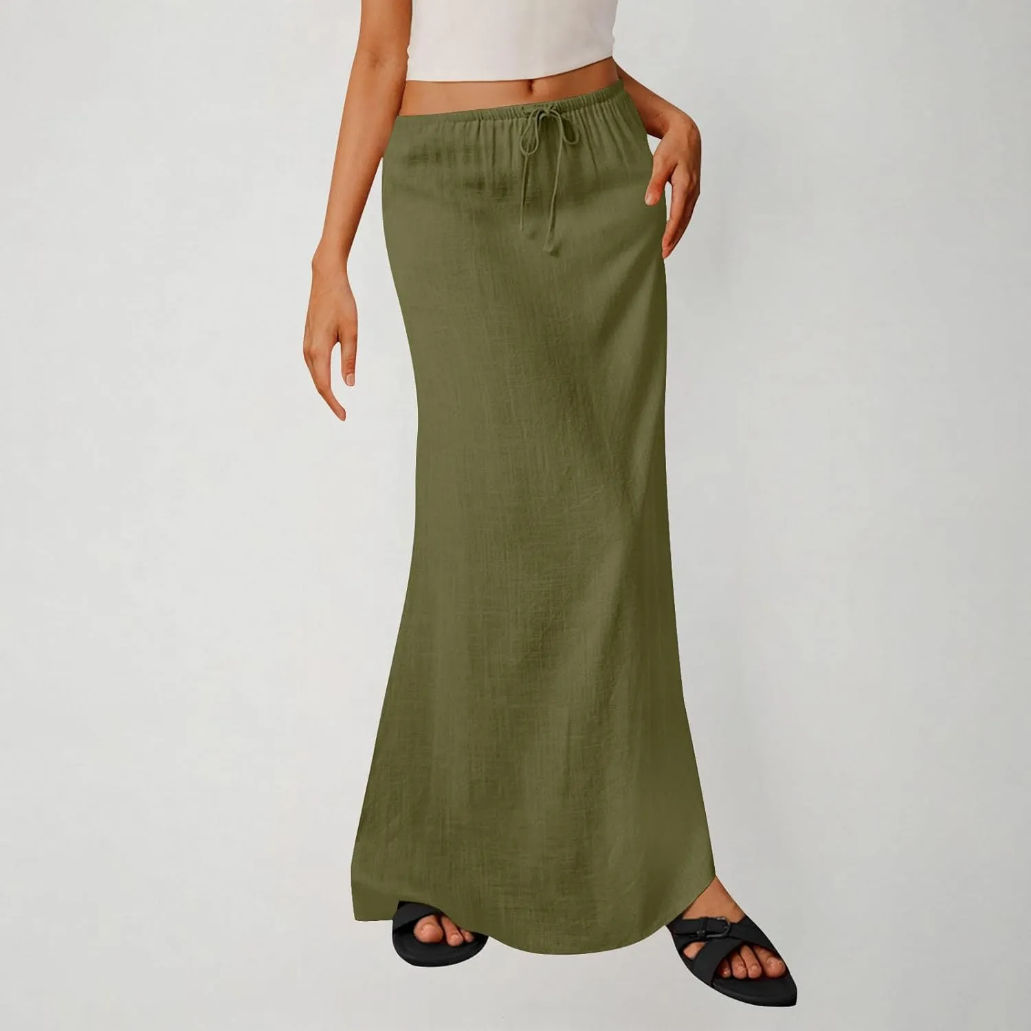 Skirts for Women Trendy Summer Cotton Linen Maxi Skirt Drawstring Low Rise A-Line Beach Mermaid Dress Boho Clothes