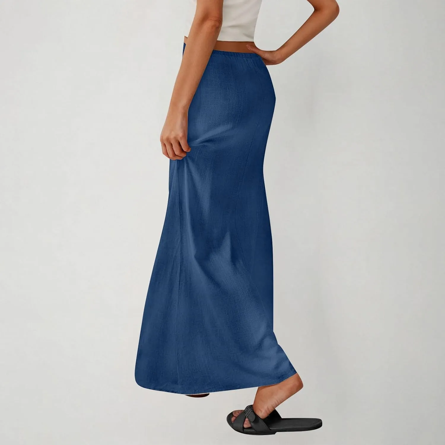 Skirts for Women Trendy Summer Cotton Linen Maxi Skirt Drawstring Low Rise A-Line Beach Mermaid Dress Boho Clothes