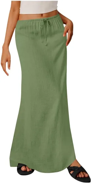 Skirts for Women Trendy Summer Cotton Linen Maxi Skirt Drawstring Low Rise A-Line Beach Mermaid Dress Boho Clothes