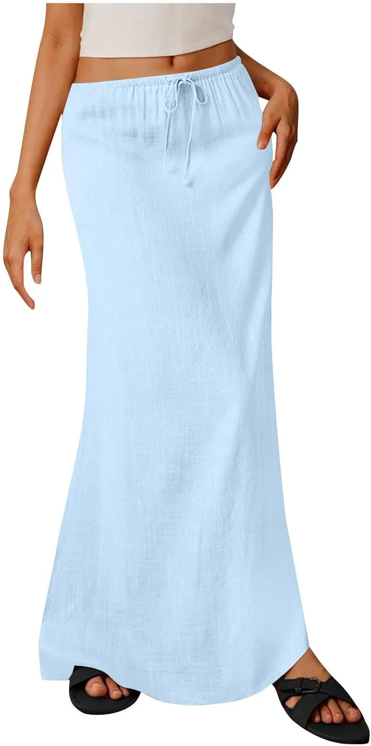 Skirts for Women Trendy Summer Cotton Linen Maxi Skirt Drawstring Low Rise A-Line Beach Mermaid Dress Boho Clothes