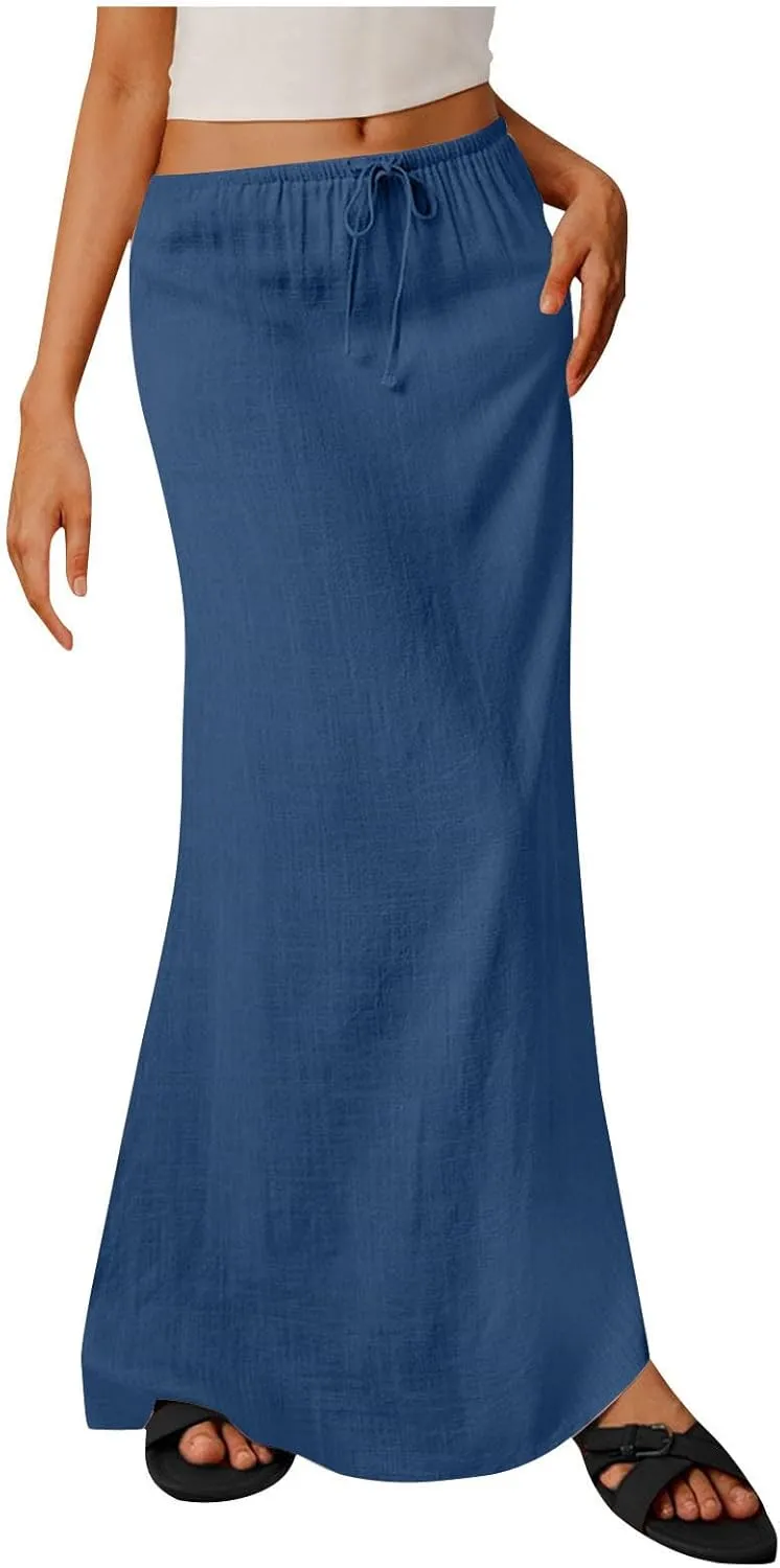 Skirts for Women Trendy Summer Cotton Linen Maxi Skirt Drawstring Low Rise A-Line Beach Mermaid Dress Boho Clothes