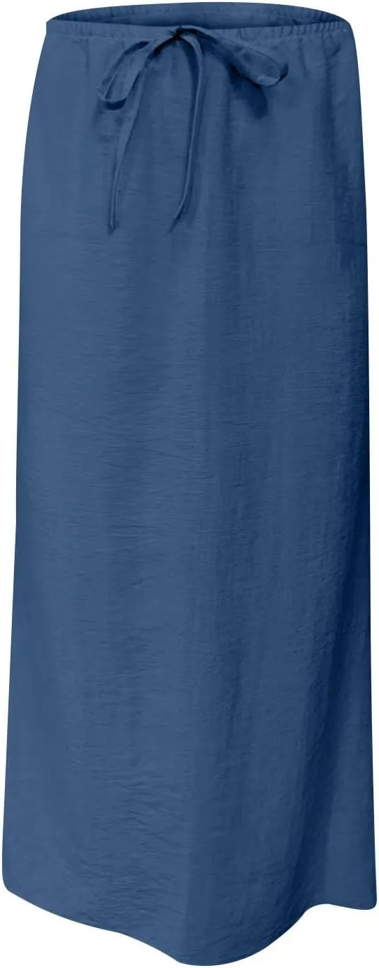 Skirts for Women Trendy Summer Cotton Linen Maxi Skirt Drawstring Low Rise A-Line Beach Mermaid Dress Boho Clothes