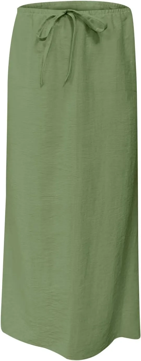 Skirts for Women Trendy Summer Cotton Linen Maxi Skirt Drawstring Low Rise A-Line Beach Mermaid Dress Boho Clothes