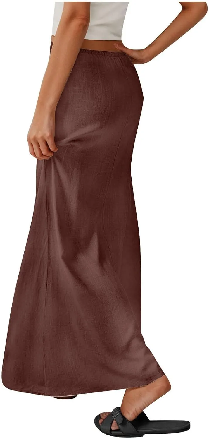 Skirts for Women Trendy Summer Cotton Linen Maxi Skirt Drawstring Low Rise A-Line Beach Mermaid Dress Boho Clothes