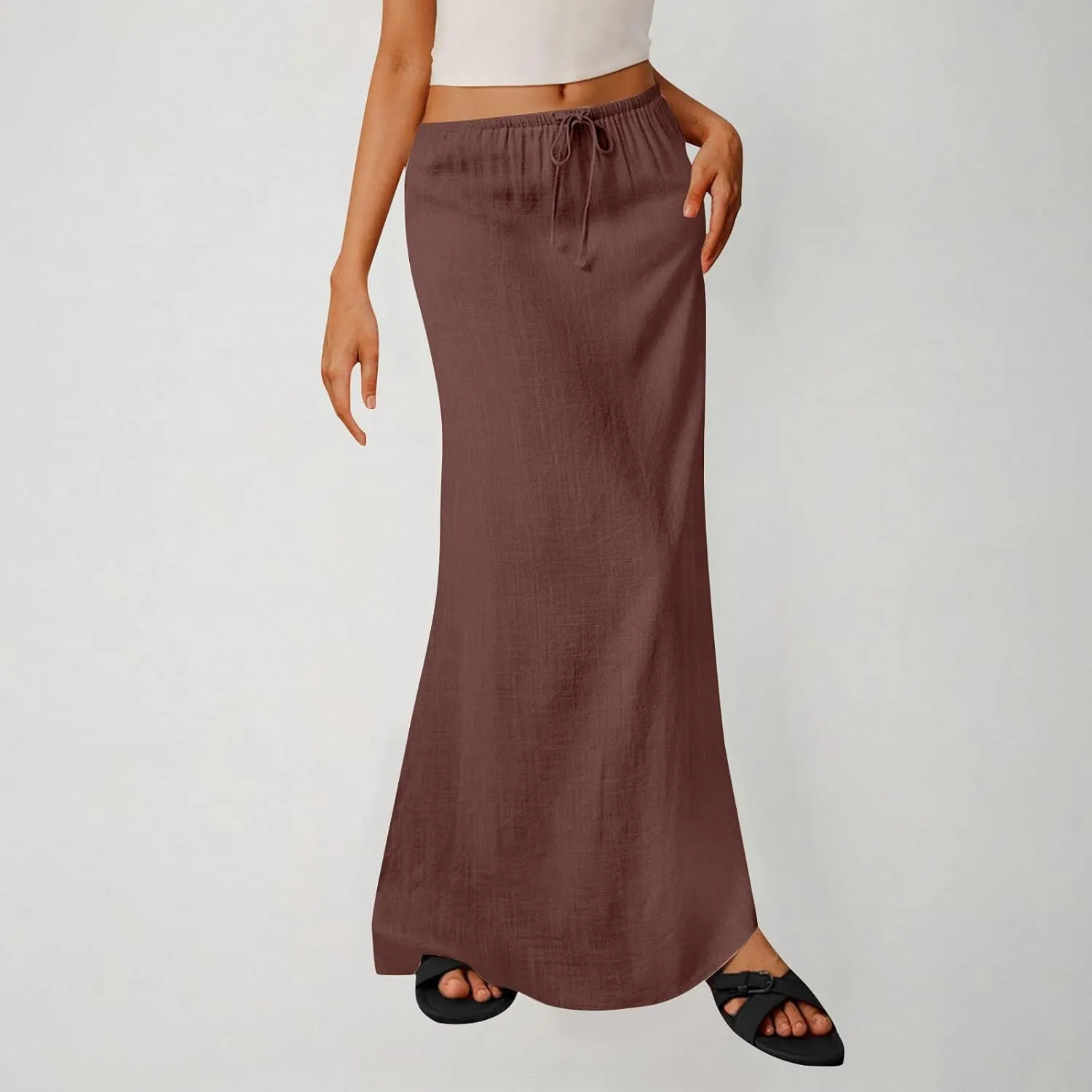 Skirts for Women Trendy Summer Cotton Linen Maxi Skirt Drawstring Low Rise A-Line Beach Mermaid Dress Boho Clothes