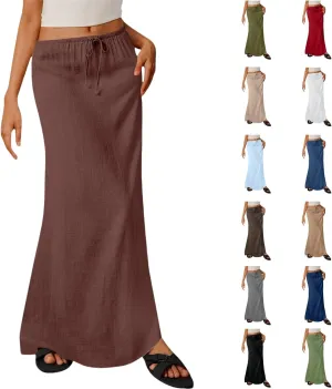 Skirts for Women Trendy Summer Cotton Linen Maxi Skirt Drawstring Low Rise A-Line Beach Mermaid Dress Boho Clothes