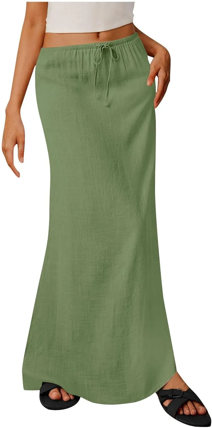 Skirts for Women Trendy Summer Cotton Linen Maxi Skirt Drawstring Low Rise A-Line Beach Mermaid Dress Boho Clothes