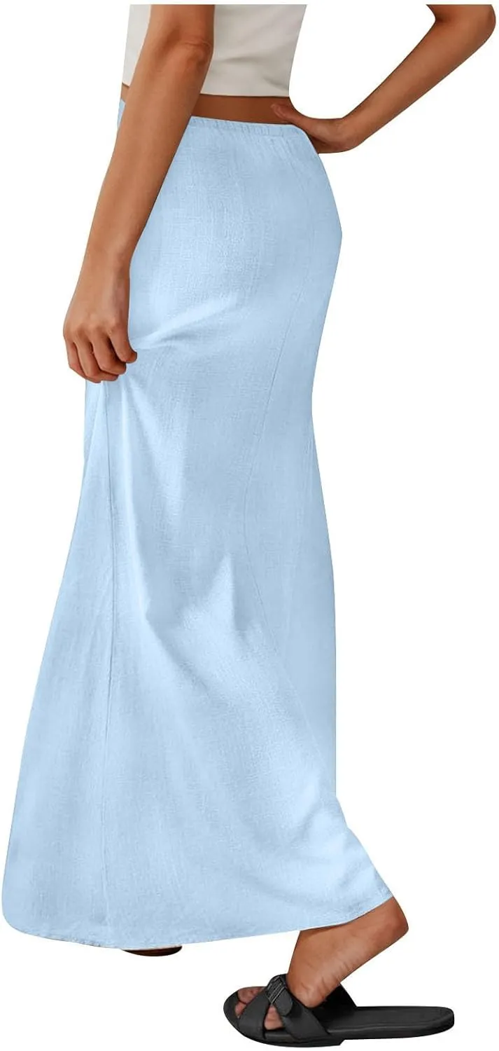 Skirts for Women Trendy Summer Cotton Linen Maxi Skirt Drawstring Low Rise A-Line Beach Mermaid Dress Boho Clothes