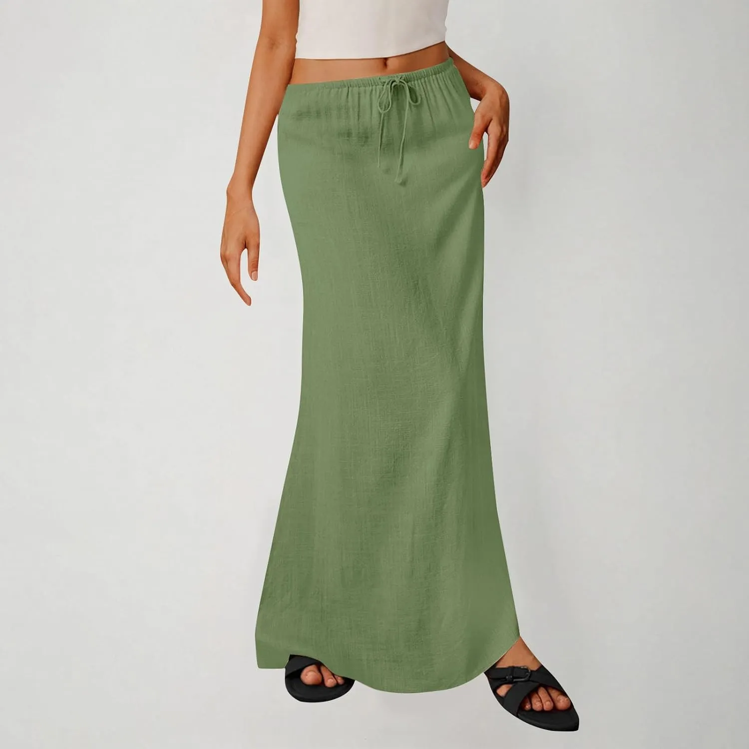 Skirts for Women Trendy Summer Cotton Linen Maxi Skirt Drawstring Low Rise A-Line Beach Mermaid Dress Boho Clothes