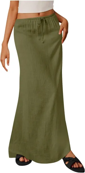 Skirts for Women Trendy Summer Cotton Linen Maxi Skirt Drawstring Low Rise A-Line Beach Mermaid Dress Boho Clothes