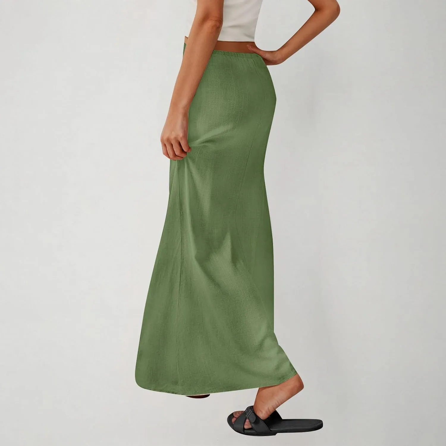 Skirts for Women Trendy Summer Cotton Linen Maxi Skirt Drawstring Low Rise A-Line Beach Mermaid Dress Boho Clothes