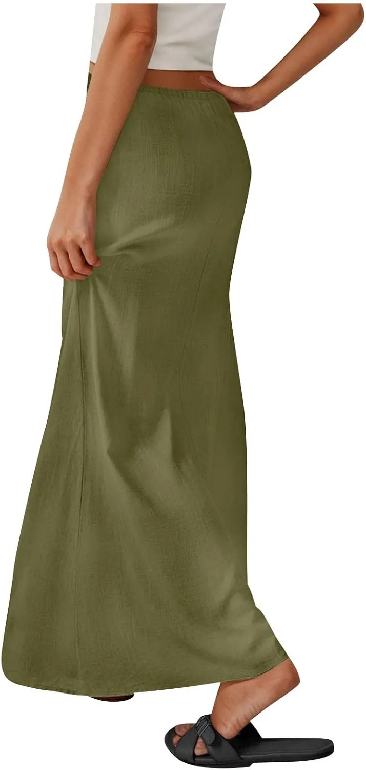 Skirts for Women Trendy Summer Cotton Linen Maxi Skirt Drawstring Low Rise A-Line Beach Mermaid Dress Boho Clothes
