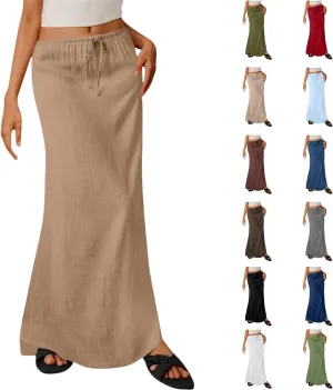 Skirts for Women Trendy Summer Cotton Linen Maxi Skirt Drawstring Low Rise A-Line Beach Mermaid Dress Boho Clothes