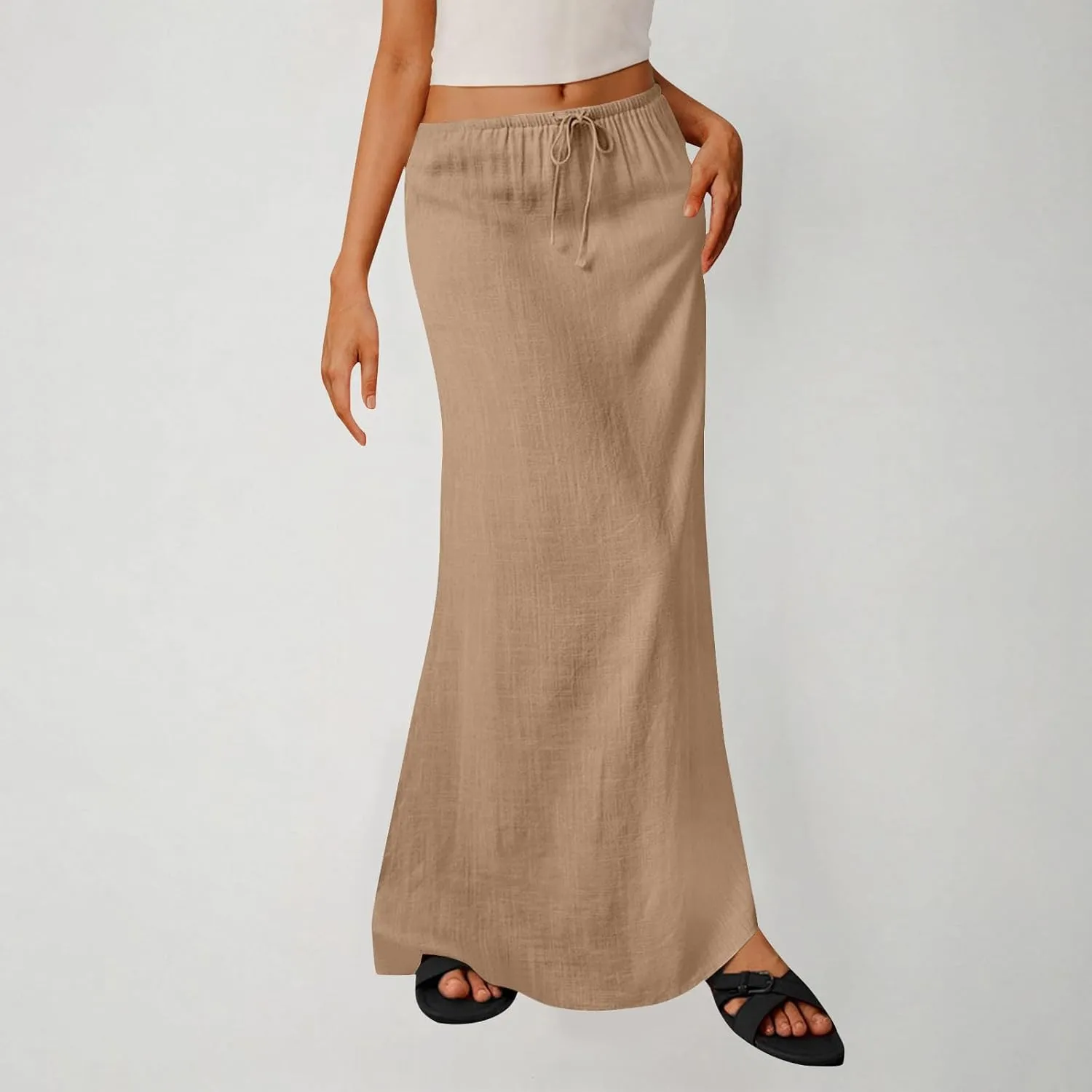 Skirts for Women Trendy Summer Cotton Linen Maxi Skirt Drawstring Low Rise A-Line Beach Mermaid Dress Boho Clothes