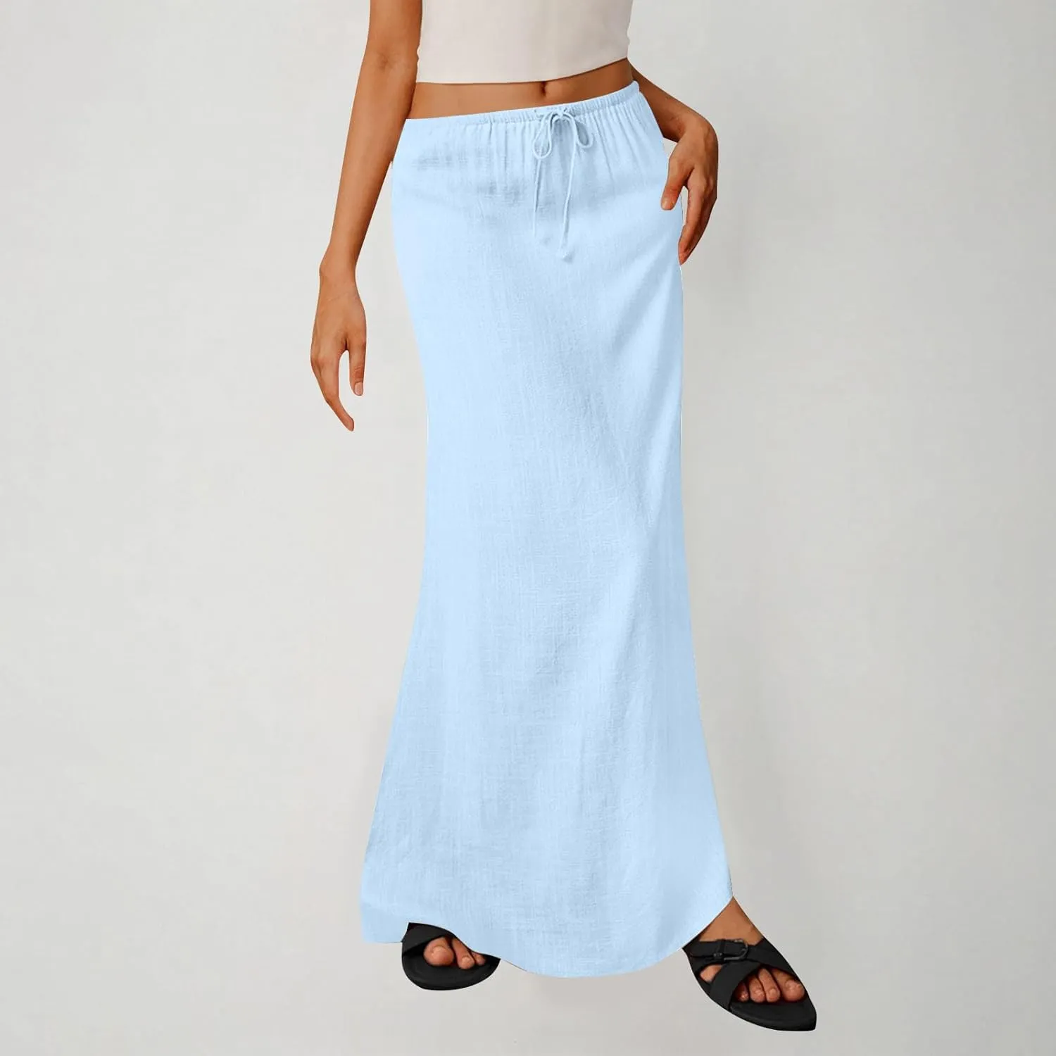Skirts for Women Trendy Summer Cotton Linen Maxi Skirt Drawstring Low Rise A-Line Beach Mermaid Dress Boho Clothes