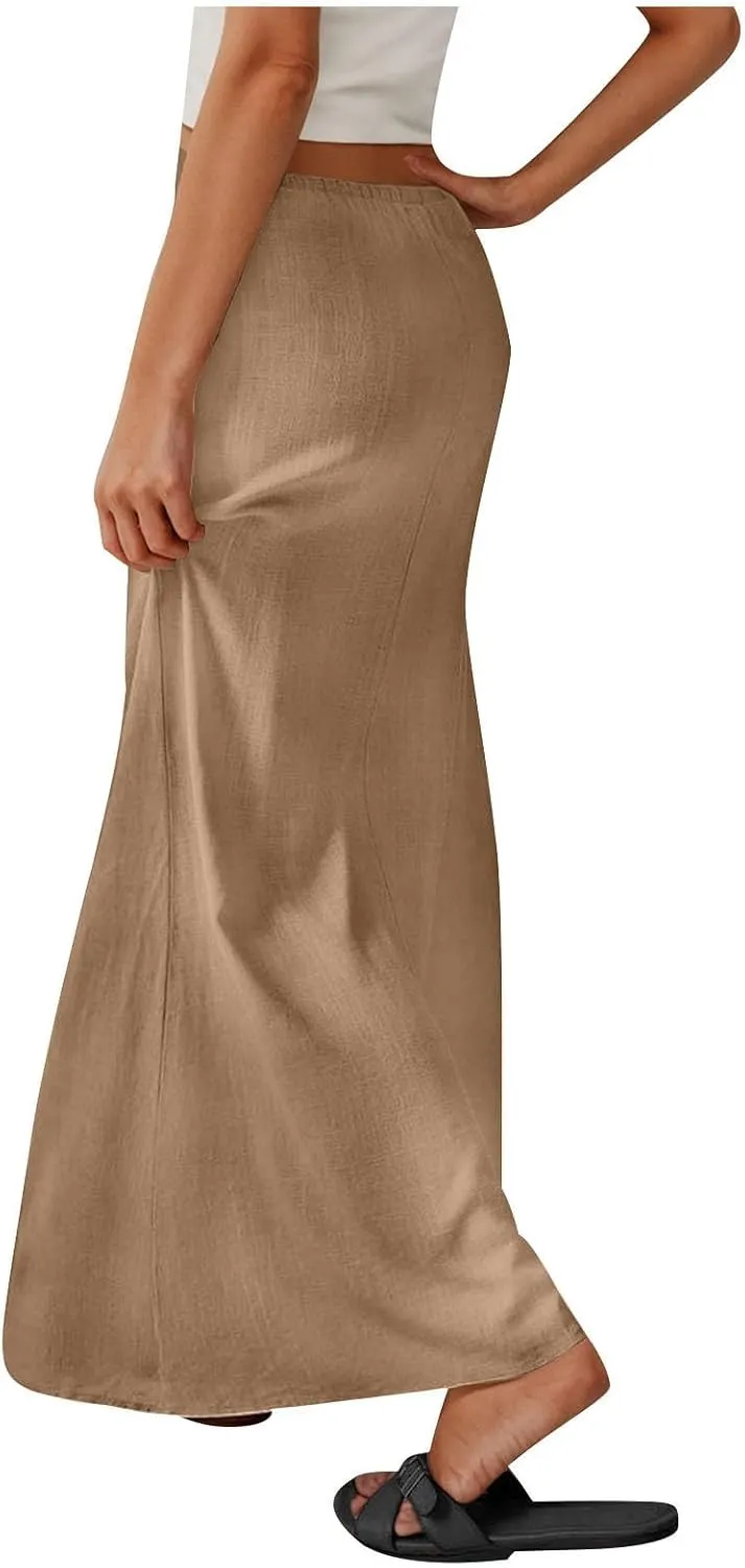 Skirts for Women Trendy Summer Cotton Linen Maxi Skirt Drawstring Low Rise A-Line Beach Mermaid Dress Boho Clothes