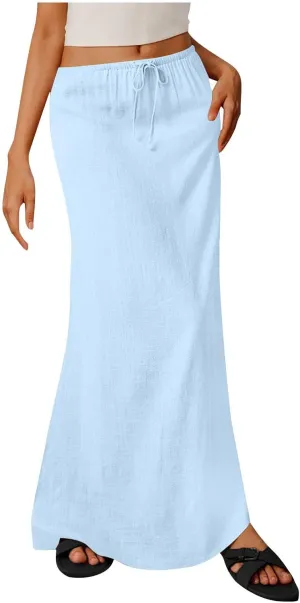 Skirts for Women Trendy Summer Cotton Linen Maxi Skirt Drawstring Low Rise A-Line Beach Mermaid Dress Boho Clothes