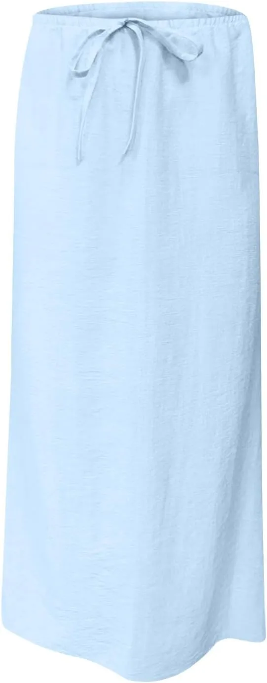 Skirts for Women Trendy Summer Cotton Linen Maxi Skirt Drawstring Low Rise A-Line Beach Mermaid Dress Boho Clothes