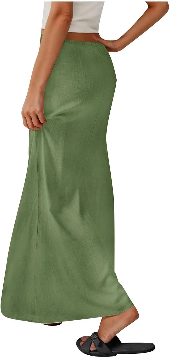 Skirts for Women Trendy Summer Cotton Linen Maxi Skirt Drawstring Low Rise A-Line Beach Mermaid Dress Boho Clothes