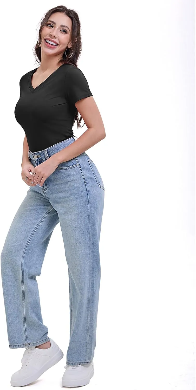 SKYZOO Short Sleve V Neck T Shirts Crop Tops for Women Cute Trendy Going Out Summer Tops 2025